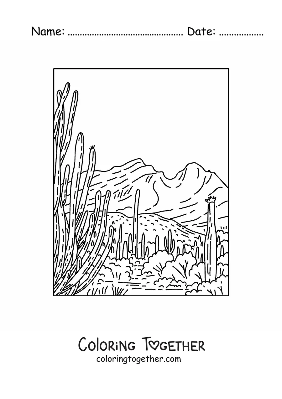 Coloring page of a desert landscape