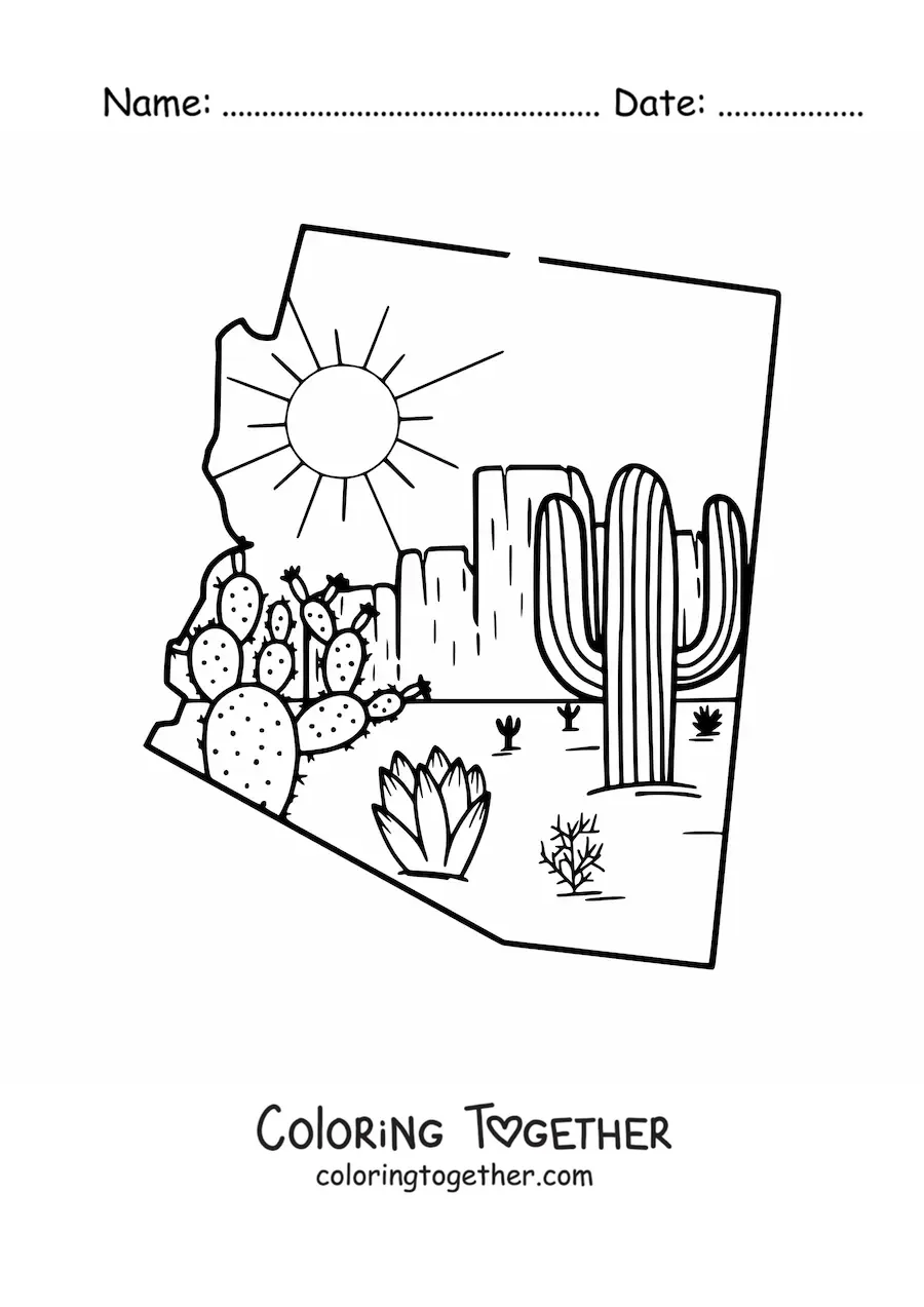 Coloring page of a map of Arizona with a desert drawing