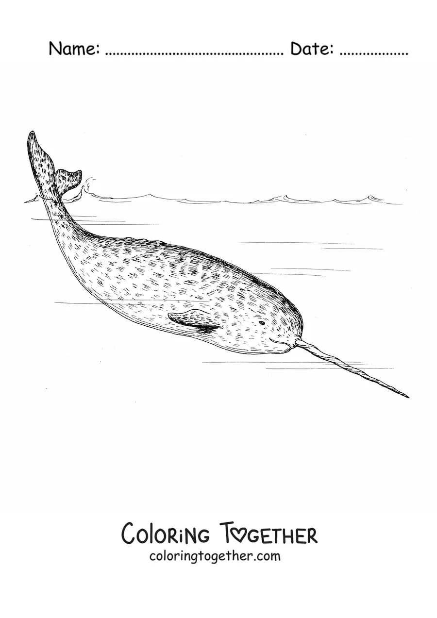 Coloring page of a narwhal swimming in the sea