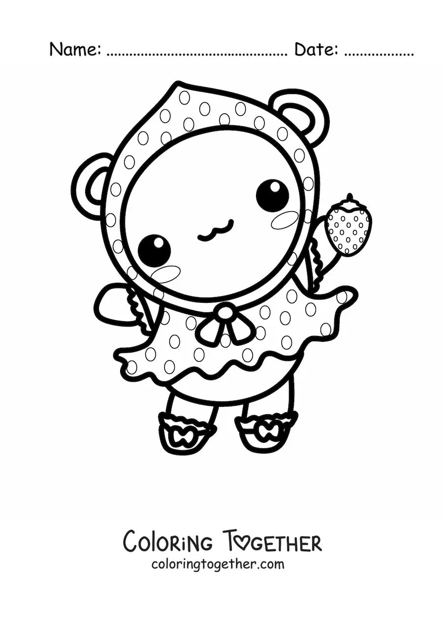 Coloring page of a cartoon kawaii bear dressed up as a strawberry