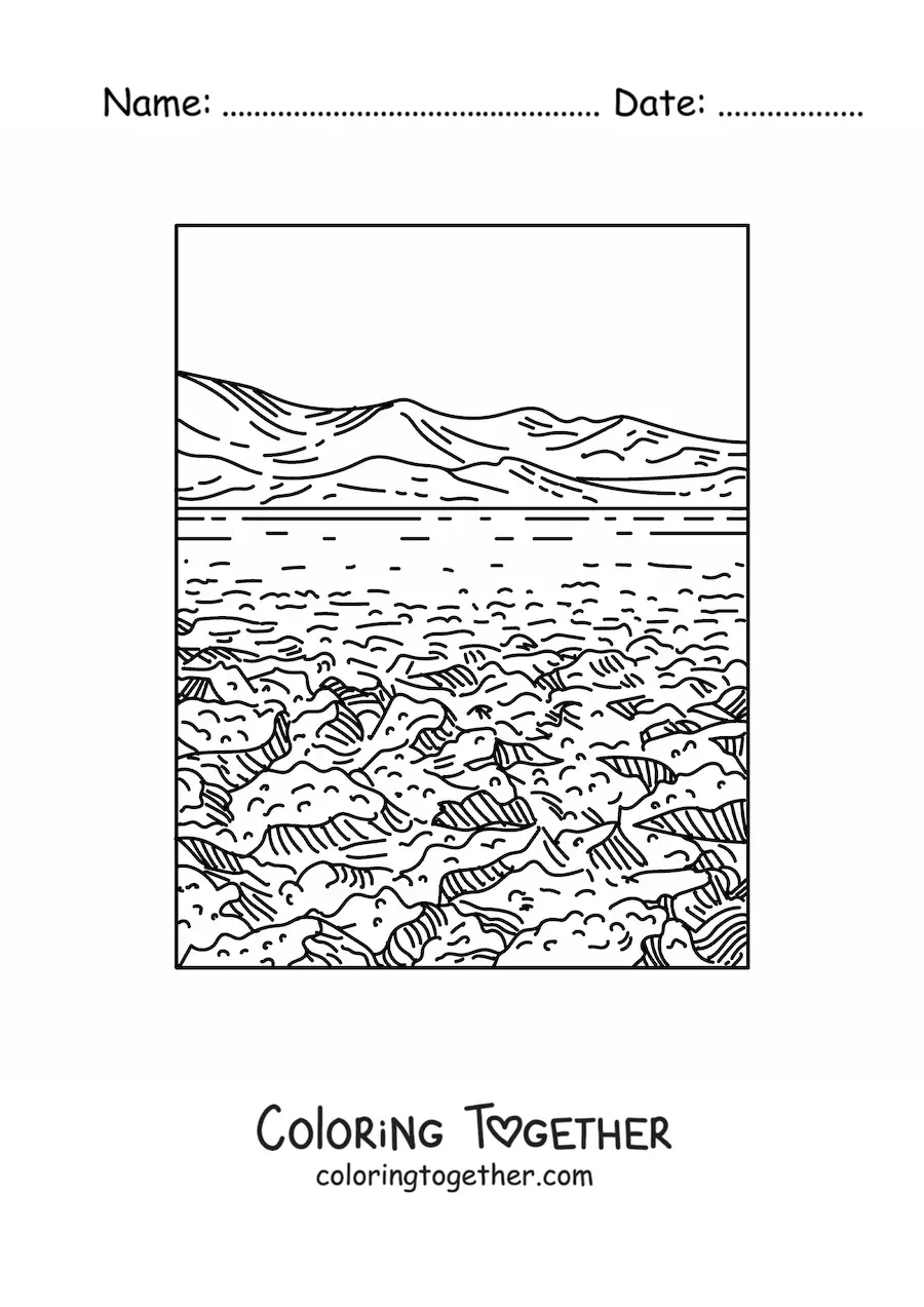 Coloring page of a landscape with an arid climate