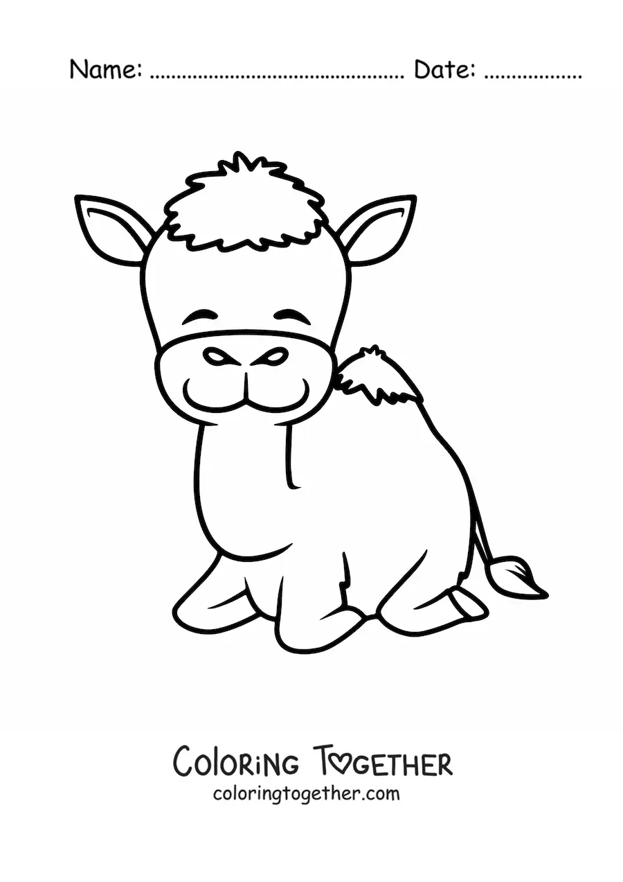 Coloring page of a happy cartoon dromedary resting on its legs