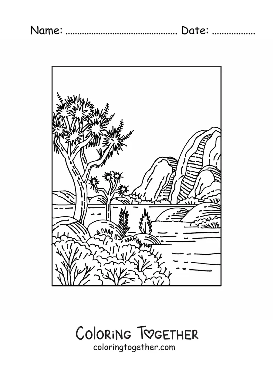 Coloring page of a landscape with desert vegetation
