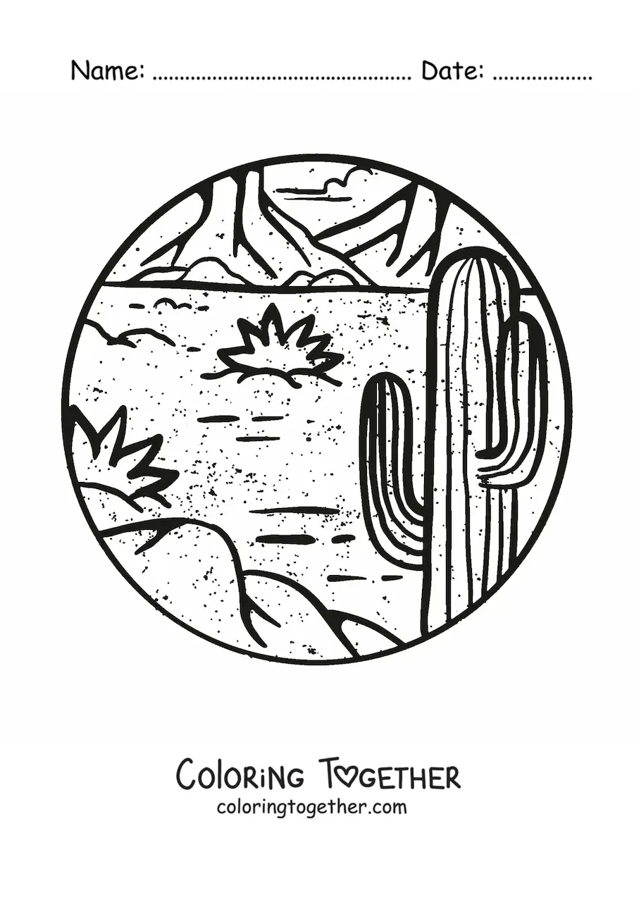 Coloring page of a cactus in the desert