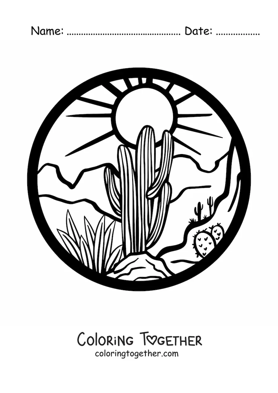 Coloring page of a landscape with desert plants