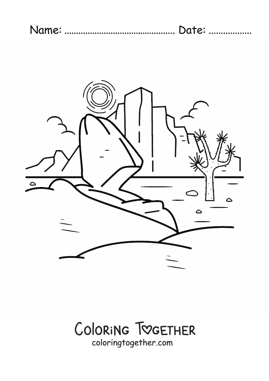 Coloring page of a rocky desert landscape