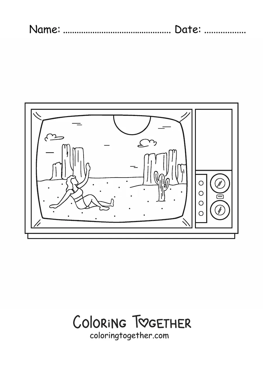 Coloring page of a desert on a television screen