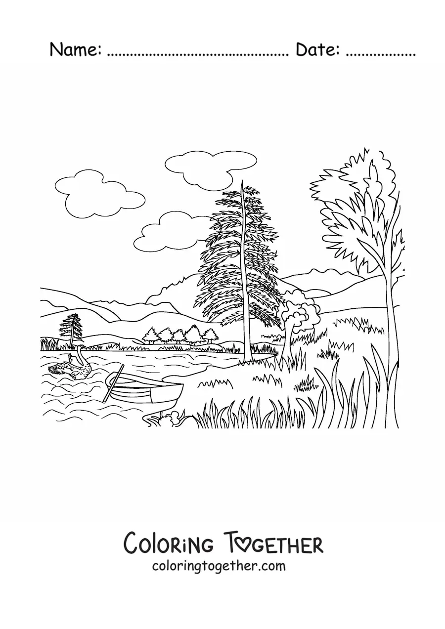 Coloring page of a landscape with a lake