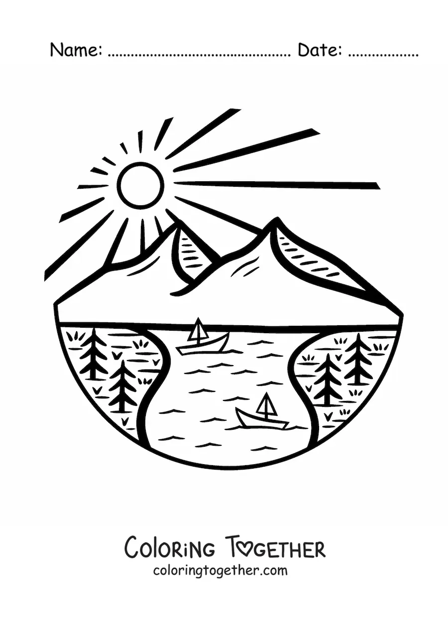 Coloring page of a lake in the mountains