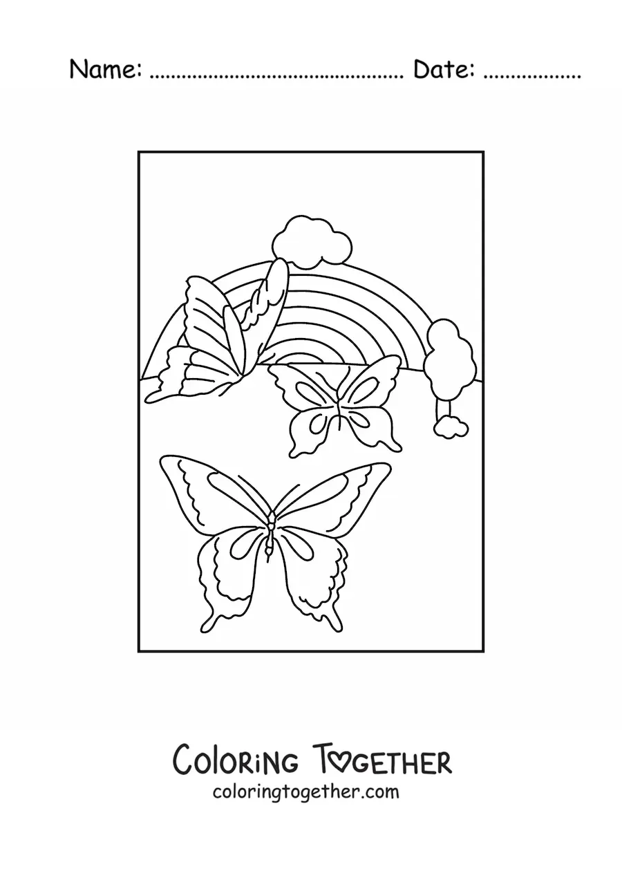 Coloring page of a rainbow with 3 big butterflies and clouds