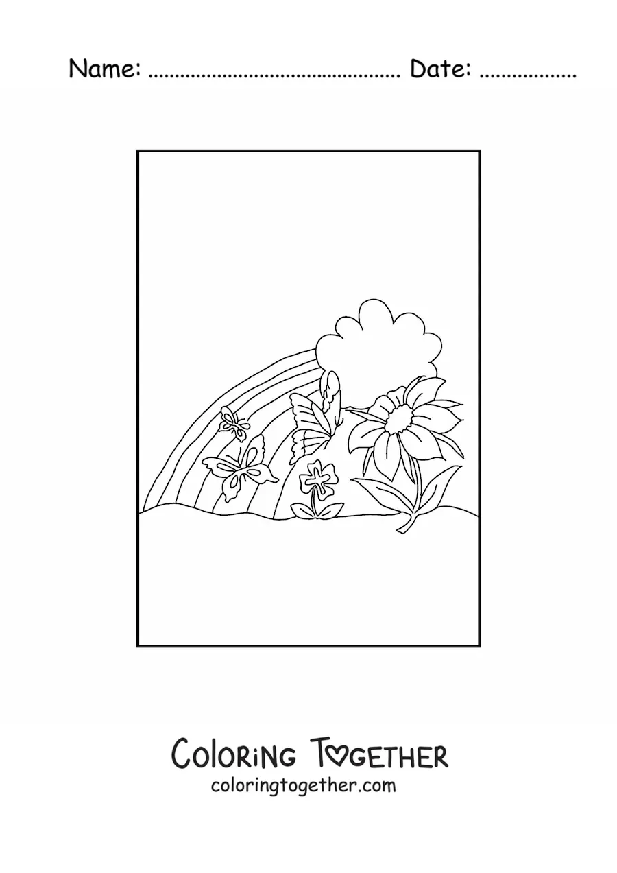 Coloring page of a rainbow with 2 flowers, 3 small butterflies and a cloud