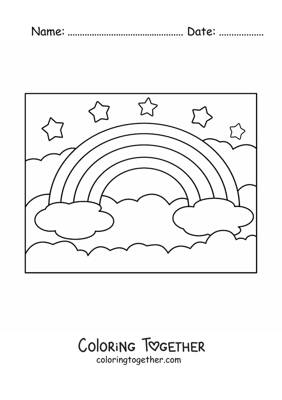 Coloring page of a big rainbow with clouds and stars
