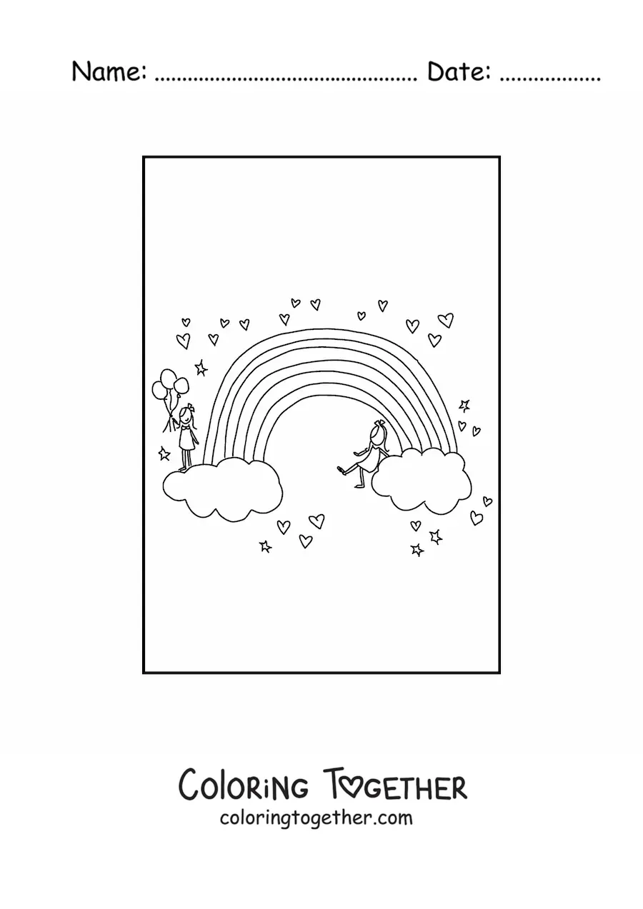 Coloring page of 2 girls on clouds at the ends of a rainbow surrounded by hearts