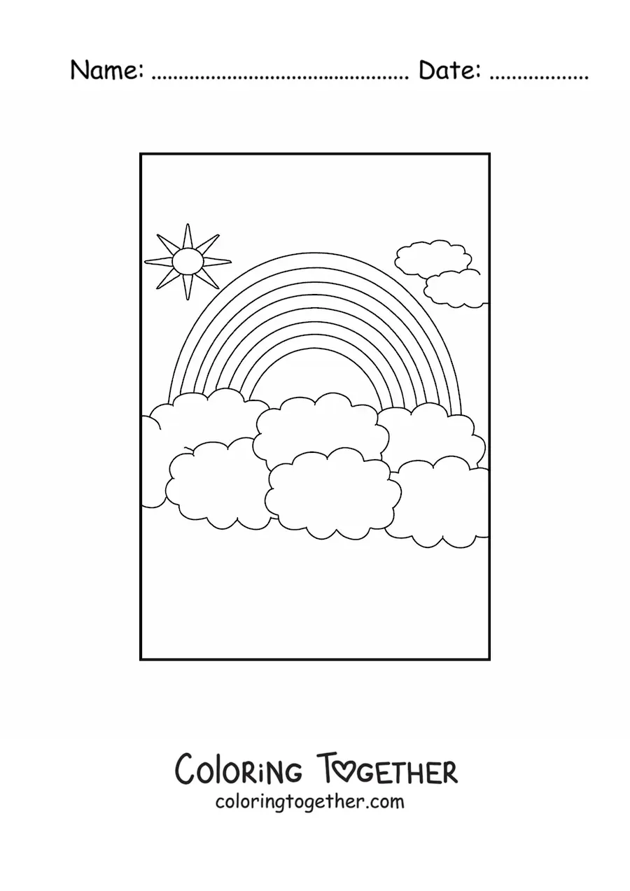 Coloring page of a big rainbow surrounded by clouds and the Sun