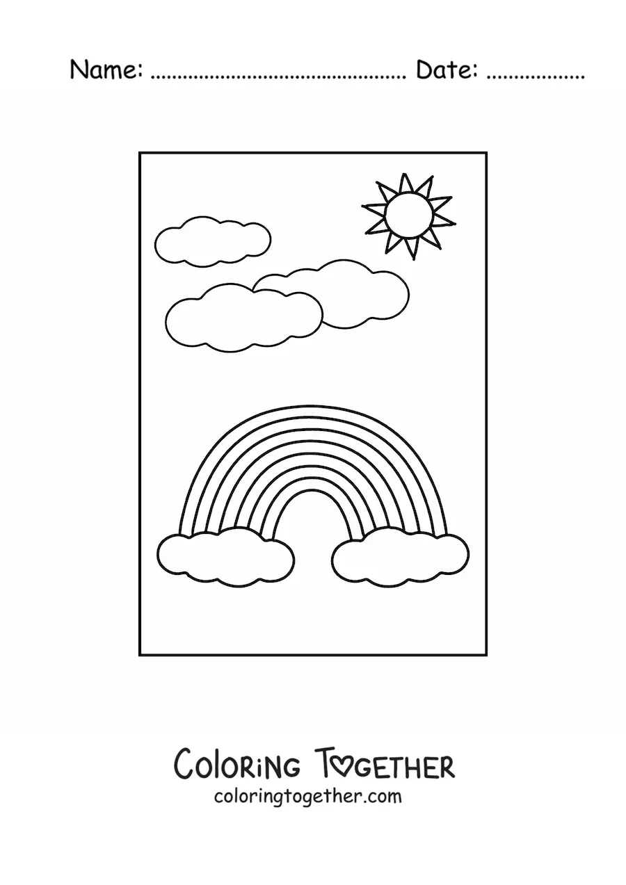Coloring page of a pretty rainbow with a background of clouds and the Sun