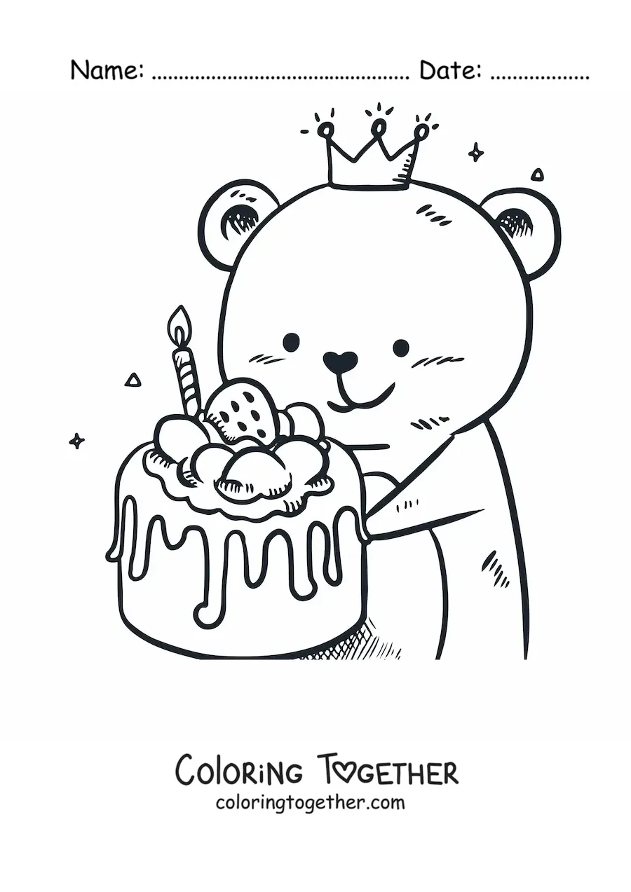 Coloring page of a cartoon bear with a strawberry birthday cake