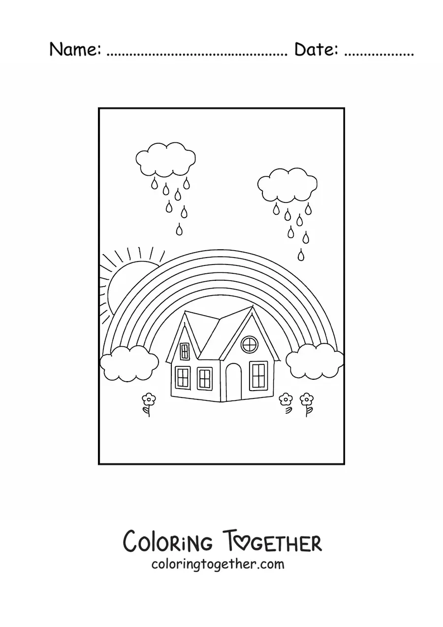 Coloring page of a rainbow over a house, with 2 clouds raining and a Sun