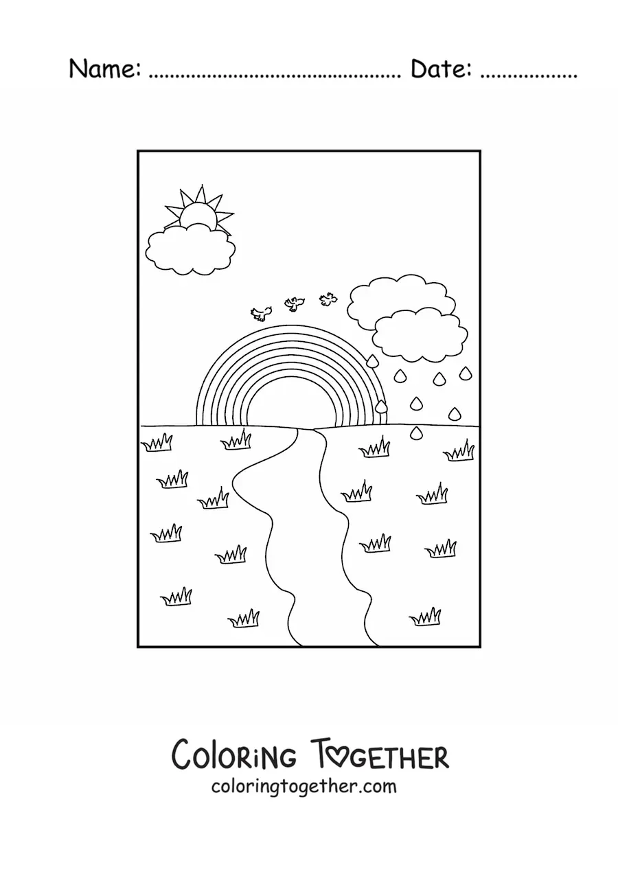Coloring page of a landscape with a rainbow, rain and the Sun