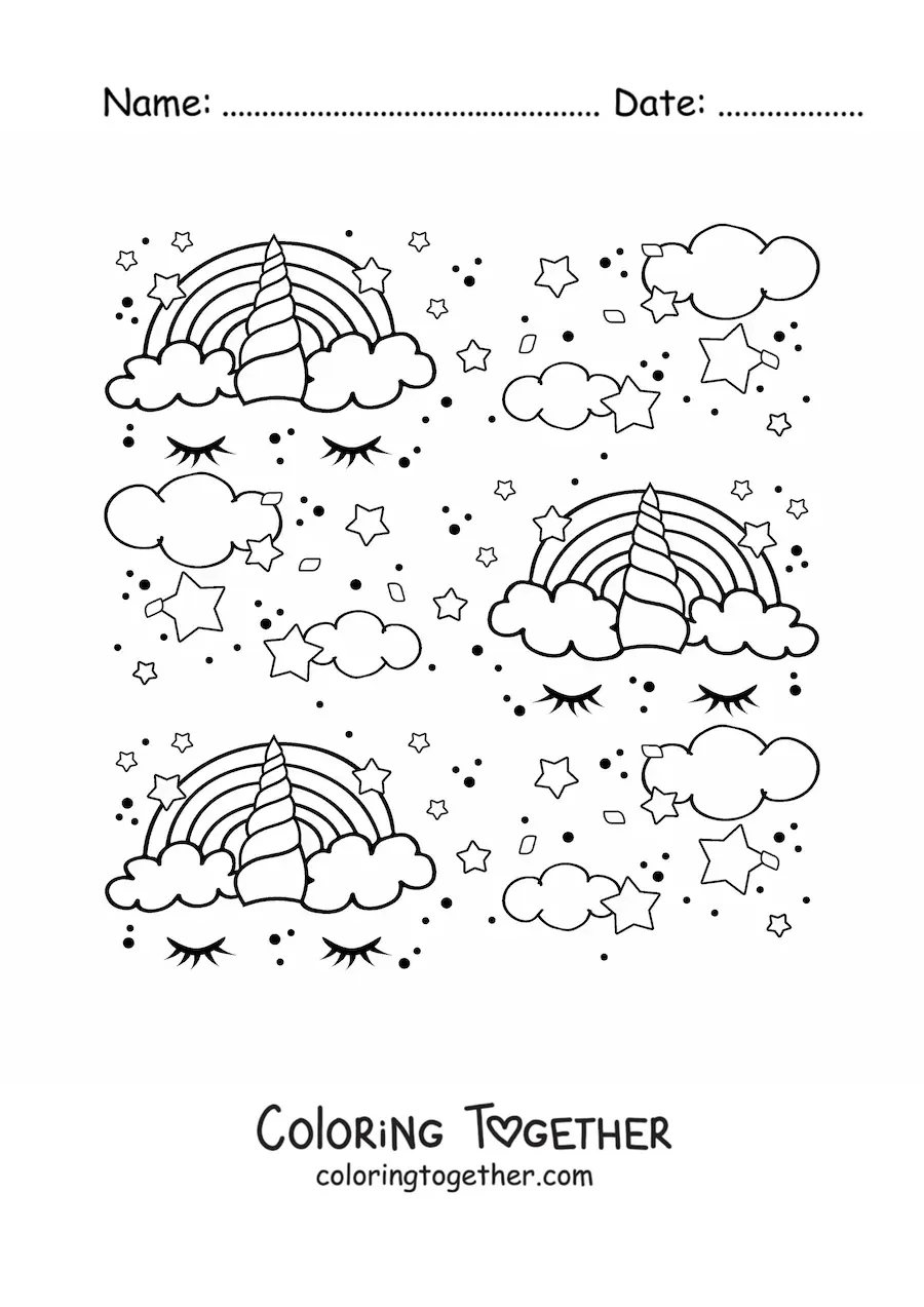 Coloring page of a rainbow pattern shaped like a unicorn, with clouds and stars