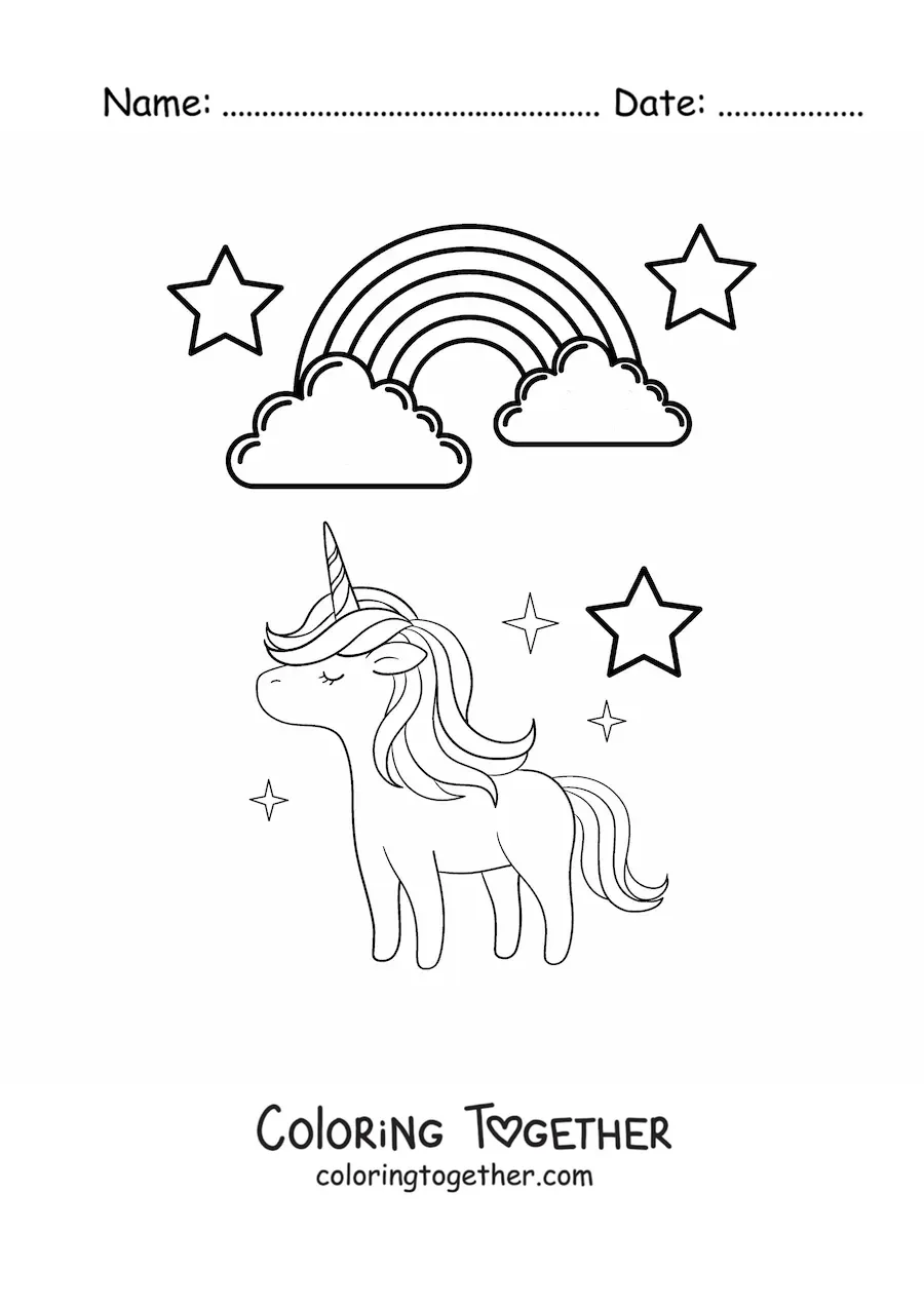 Coloring page of a rainbow with a unicorn and stars