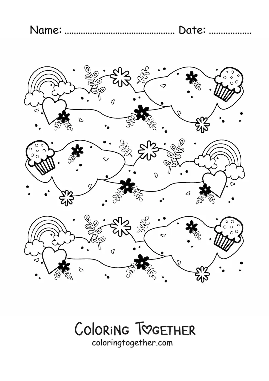 Coloring page of a pattern of cute rainbows with clouds, cupcakes, hearts, flowers and leaves