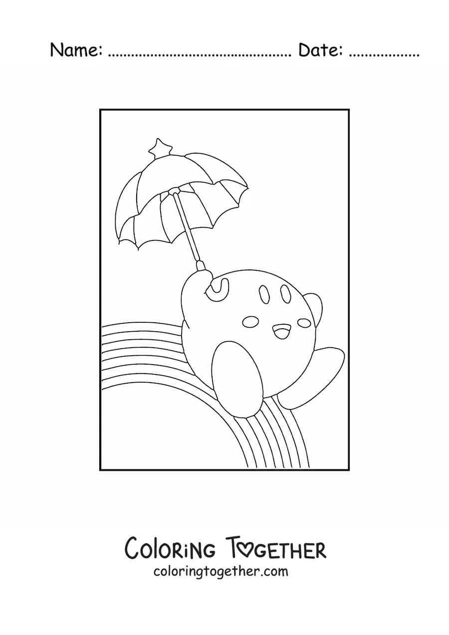 Coloring page of Kirby with an umbrella on top of a rainbow