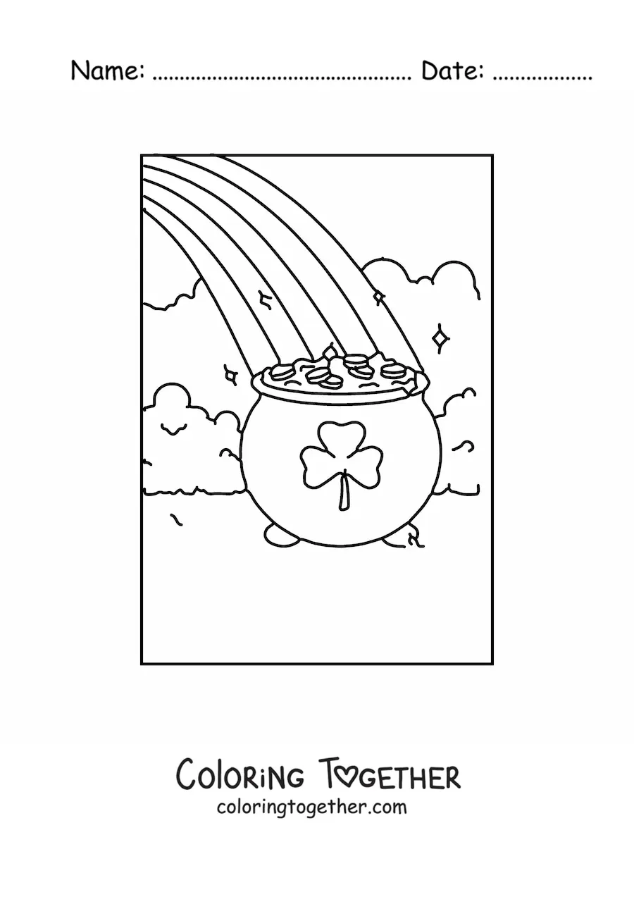 Coloring page of a pot of gold with a clover pattern at the end of a rainbow