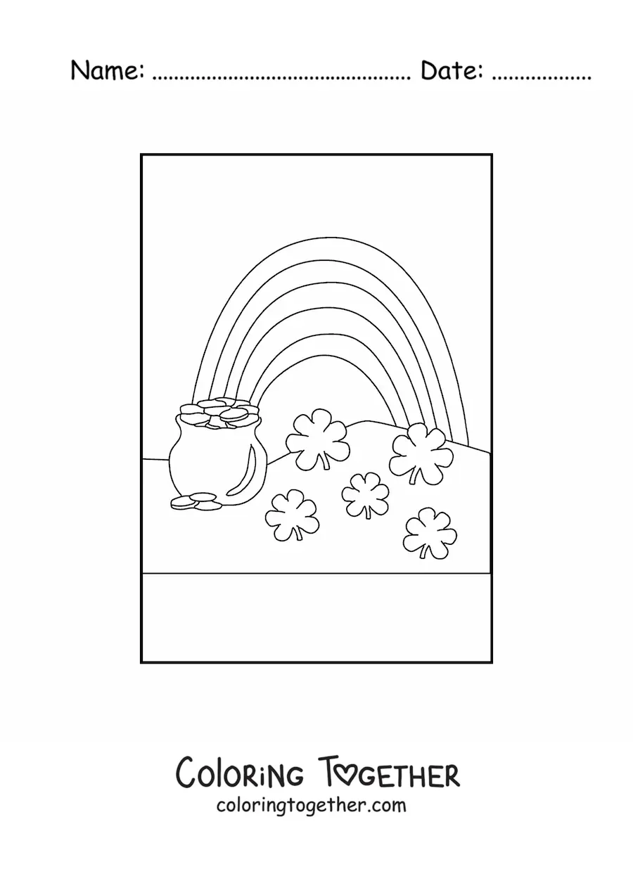 Coloring page of a rainbow with a pot of gold and 5 clovers