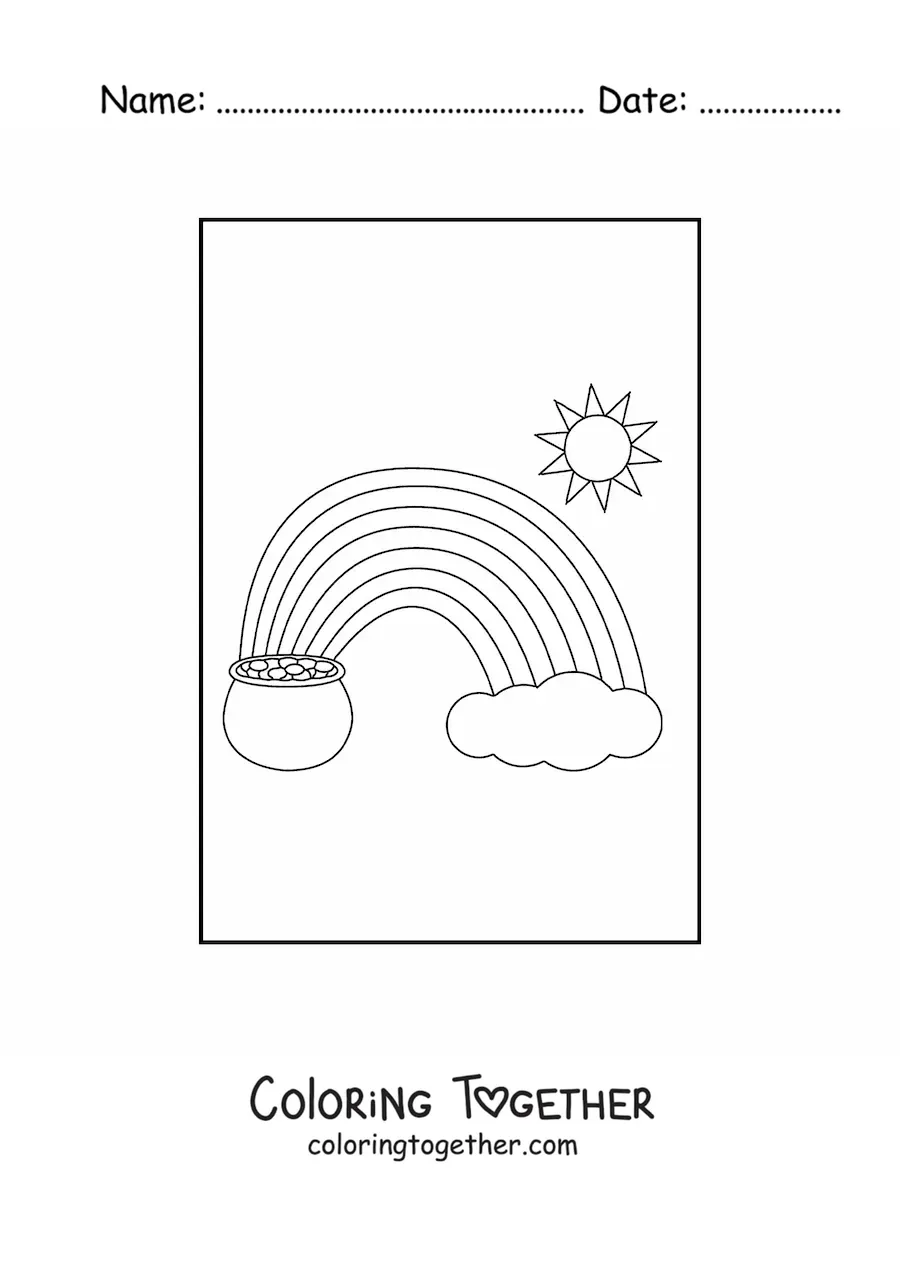 Coloring page of a rainbow with the Sun, a cloud and a pot of gold