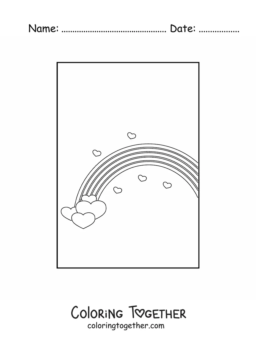 Coloring page of a rainbow with hearts