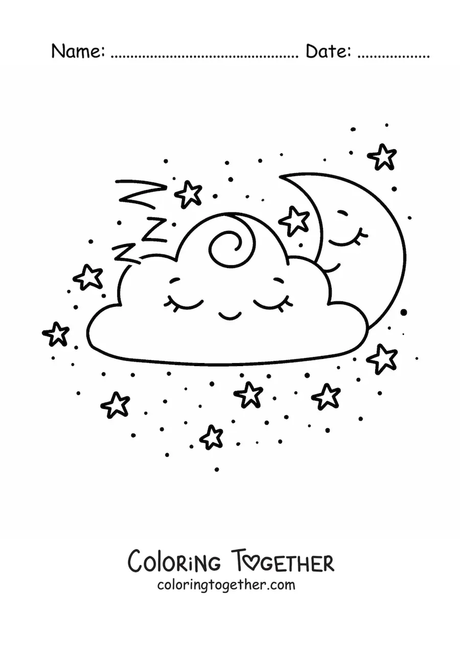 Coloring page of a kawaii cloud sleeping with a kawaii moon sleeping and stars