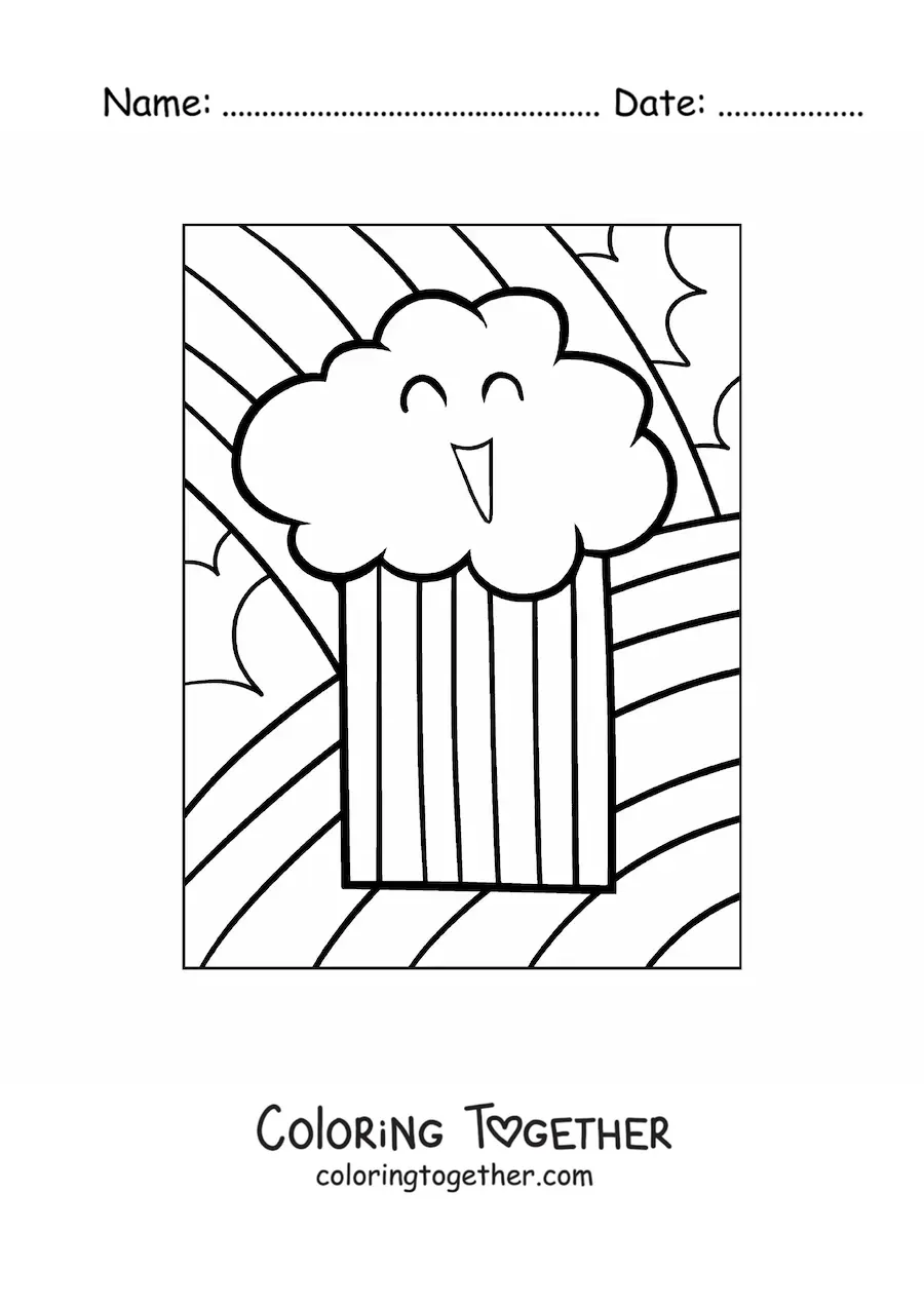 Coloring page of a cute cartoon cloud smiling with a rainbow in the background