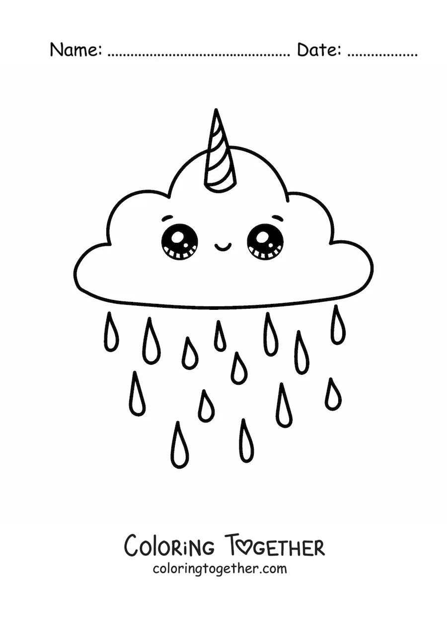 Coloring page of a kawaii unicorn cloud with rain