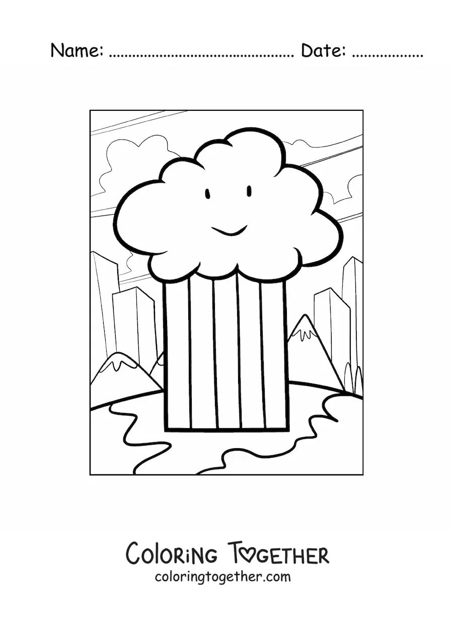 Coloring page of a cartoon cloud with a rainbow, mountains and a city in the background
