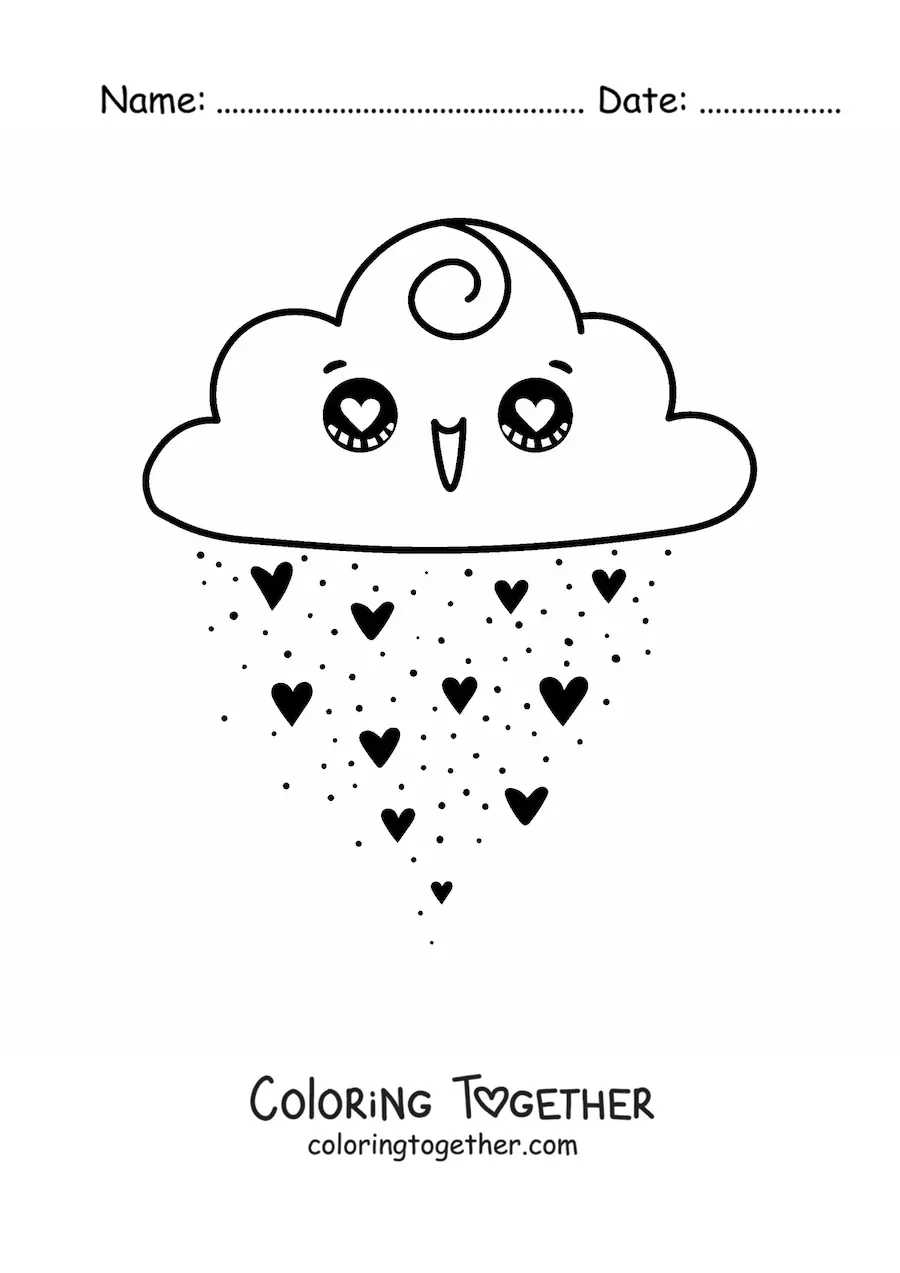 Coloring page of a kawaii cloud smiling with a shower of hearts
