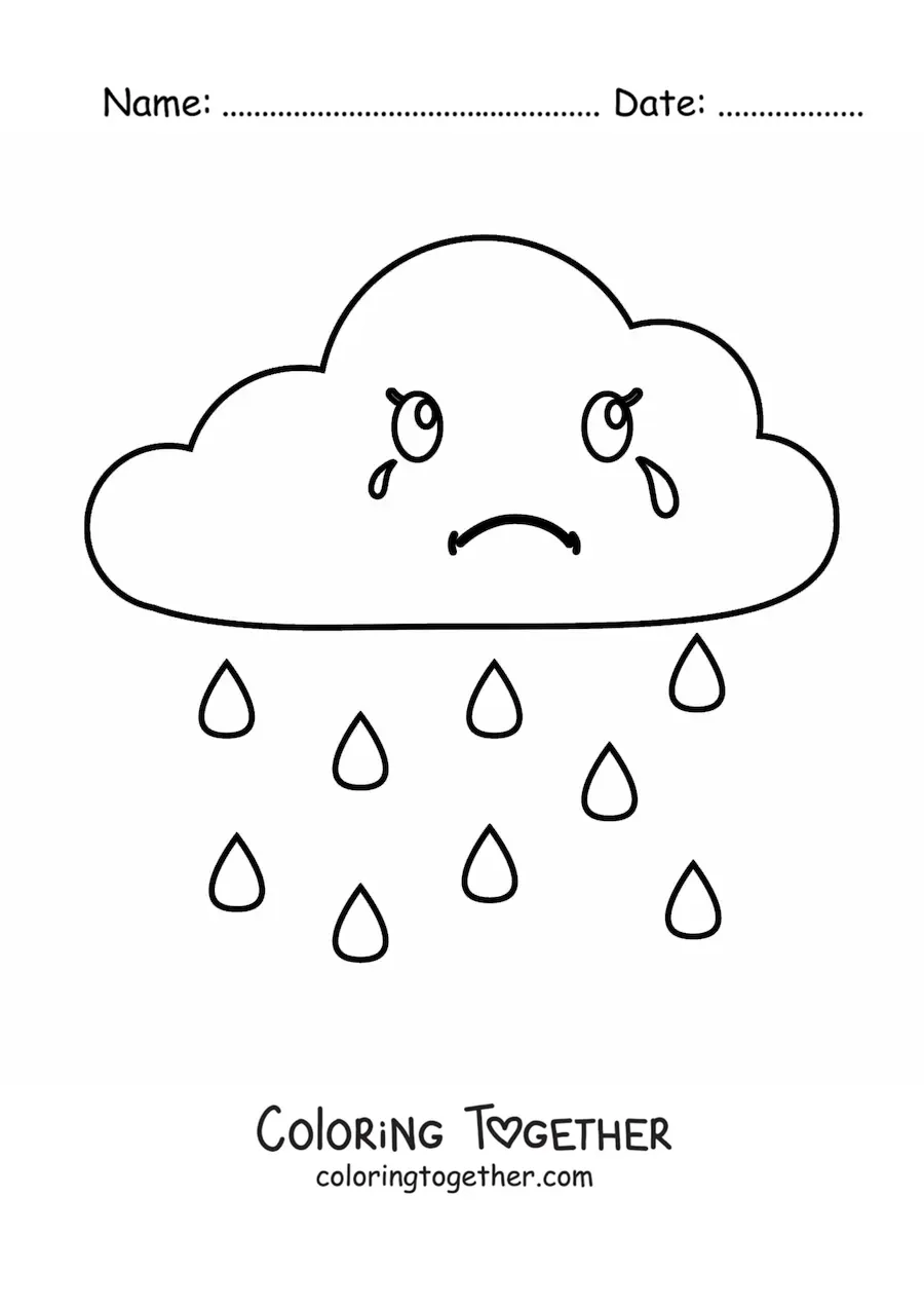 Coloring page of a cartoon cloud crying with rain