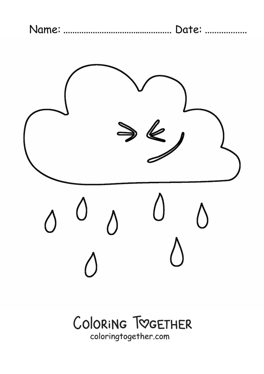 Coloring page of a cartoon cloud smiling with rain