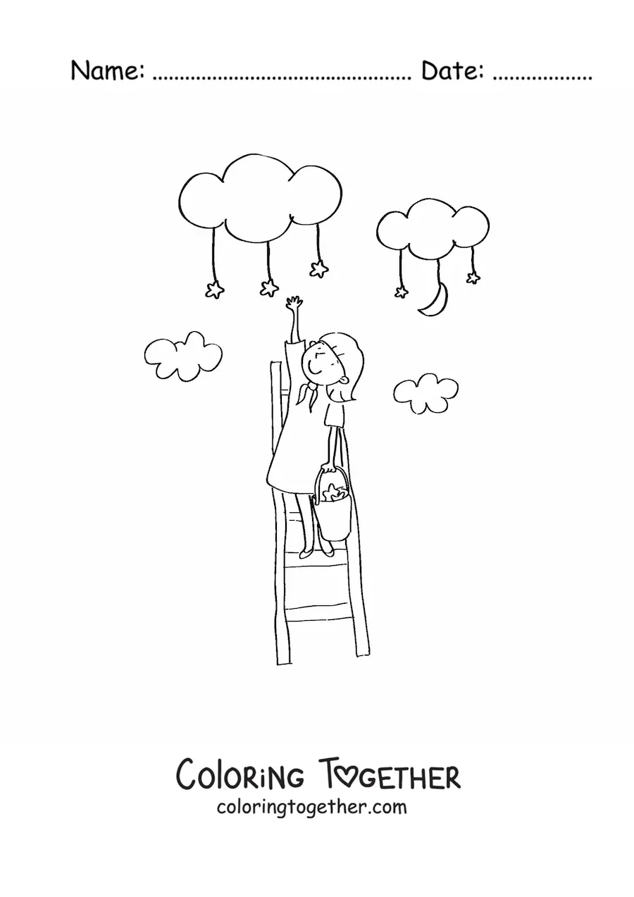 Coloring page of a girl on a ladder reaching the clouds and collecting stars
