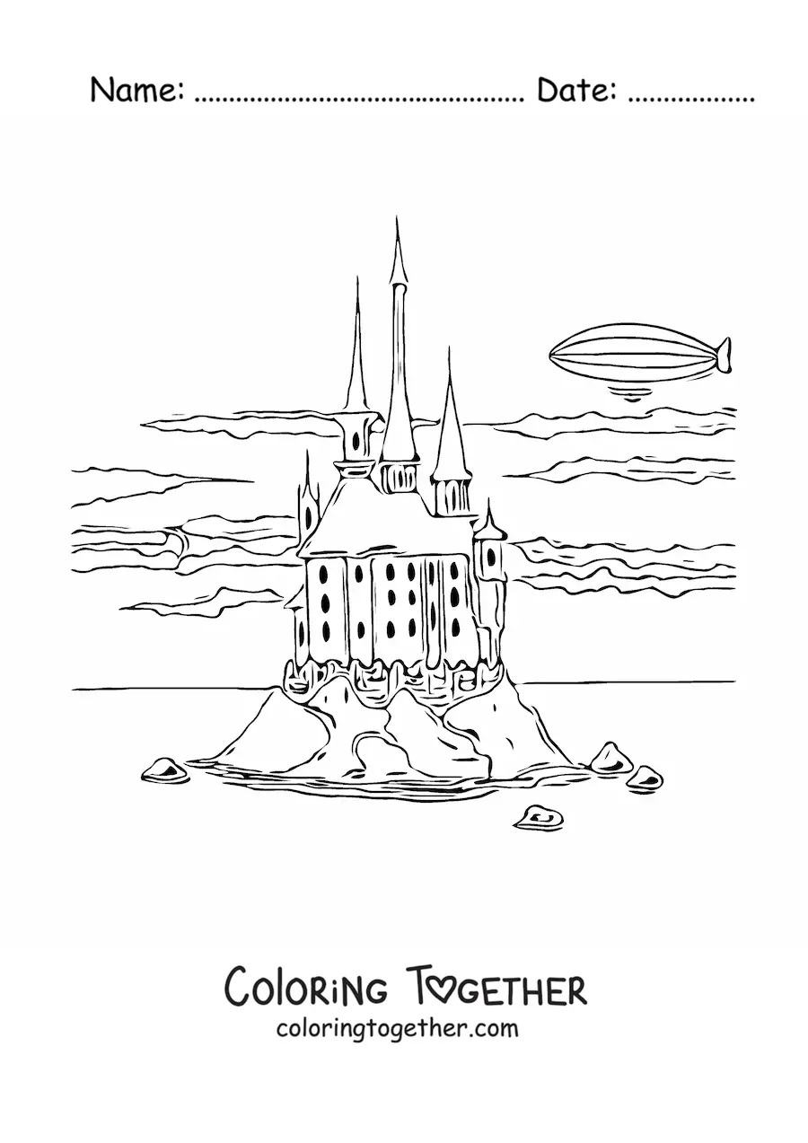 Coloring page of a castle on an island with realistic clouds in the sky and an airship in the background