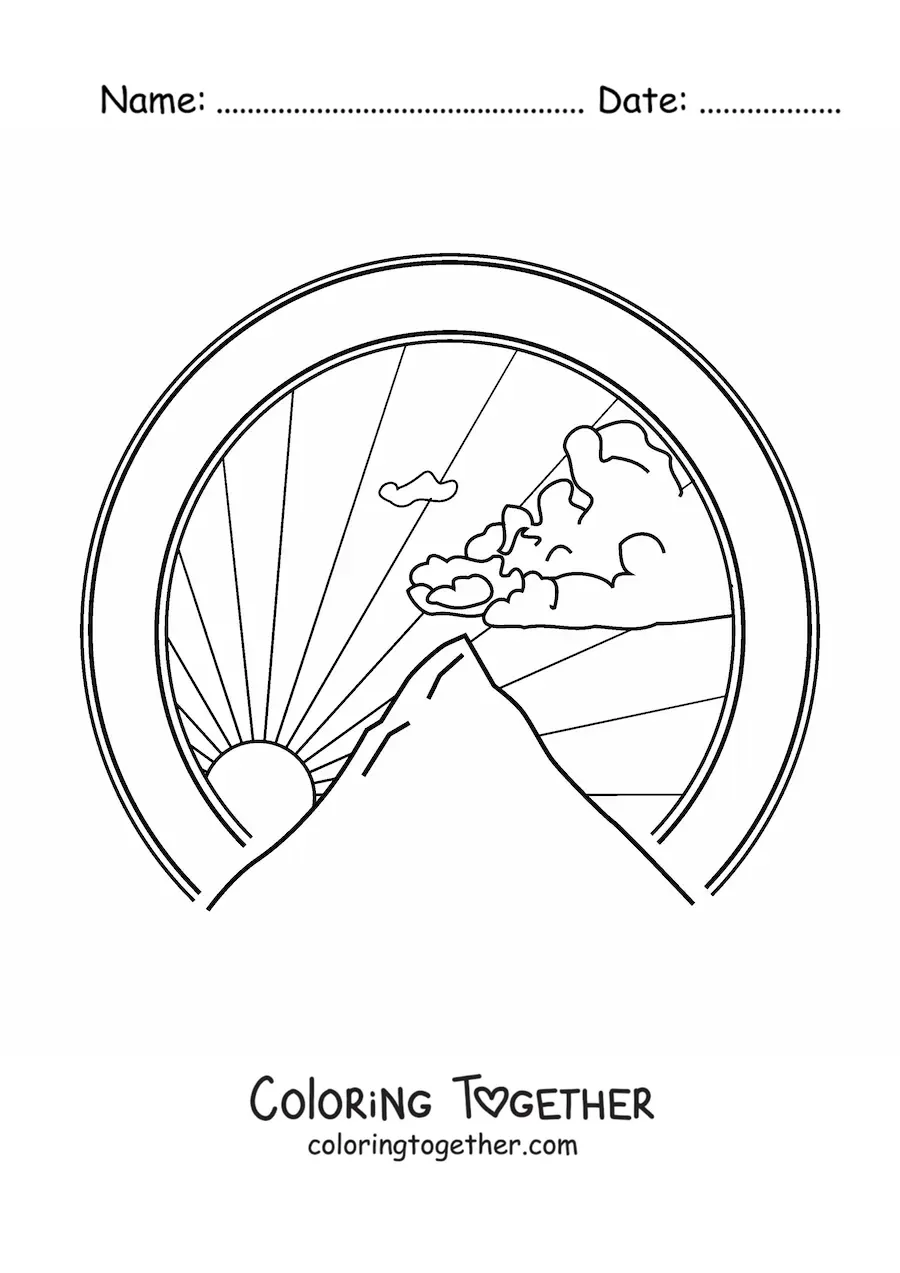 Coloring page of a mountain landscape with a realistic cloud and the Sun in the background