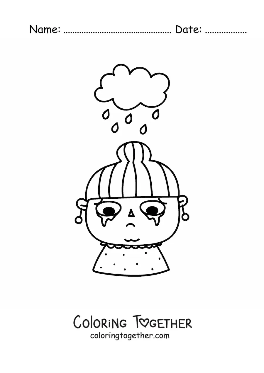 Coloring page of a girl crying with a cloud raining over her head