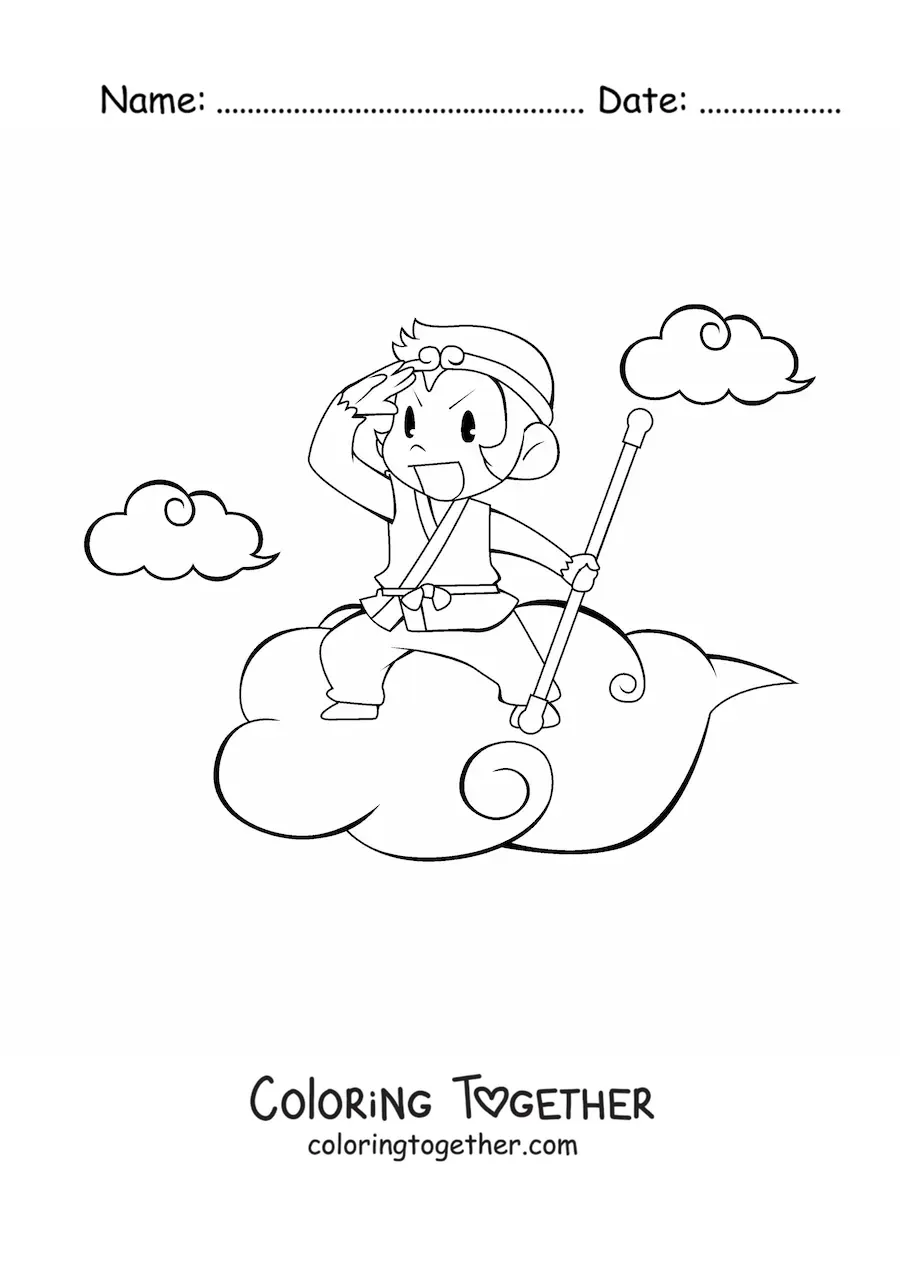 Coloring page of a cartoon monkey riding on a cloud, with clouds in the background