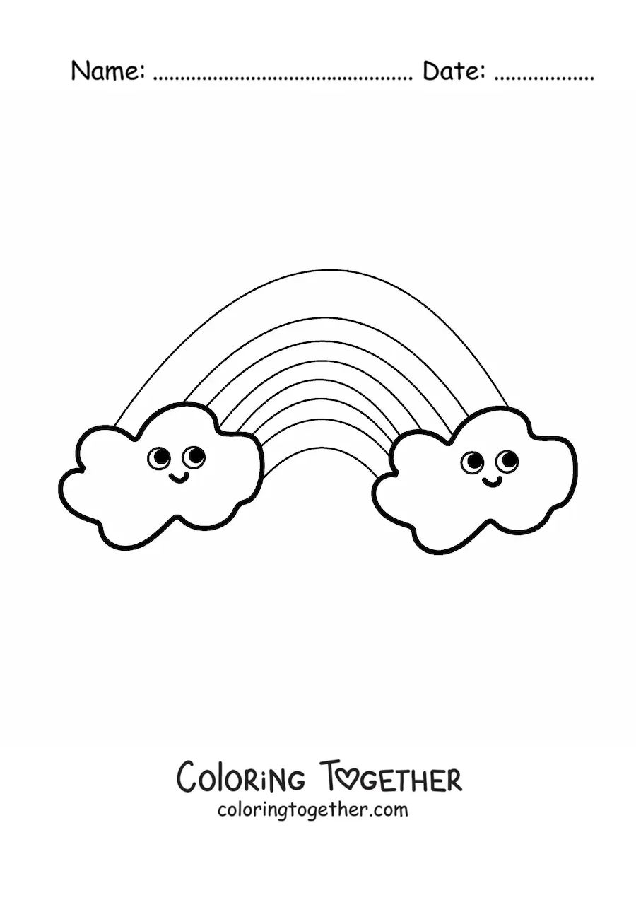 Coloring page of smiling cartoon clouds with a rainbow