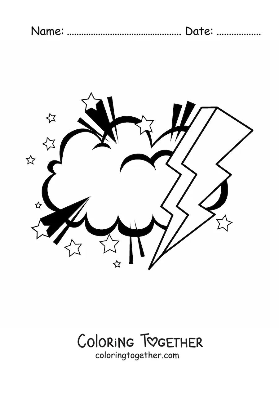 Coloring page of a cloud with a large lightning bolt and stars