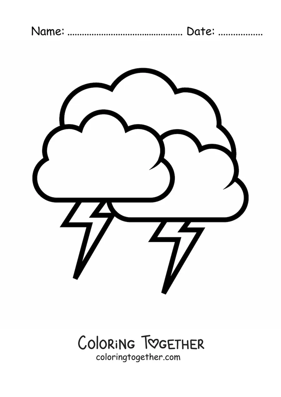 Coloring page of 3 clouds with 2 lightning bolts