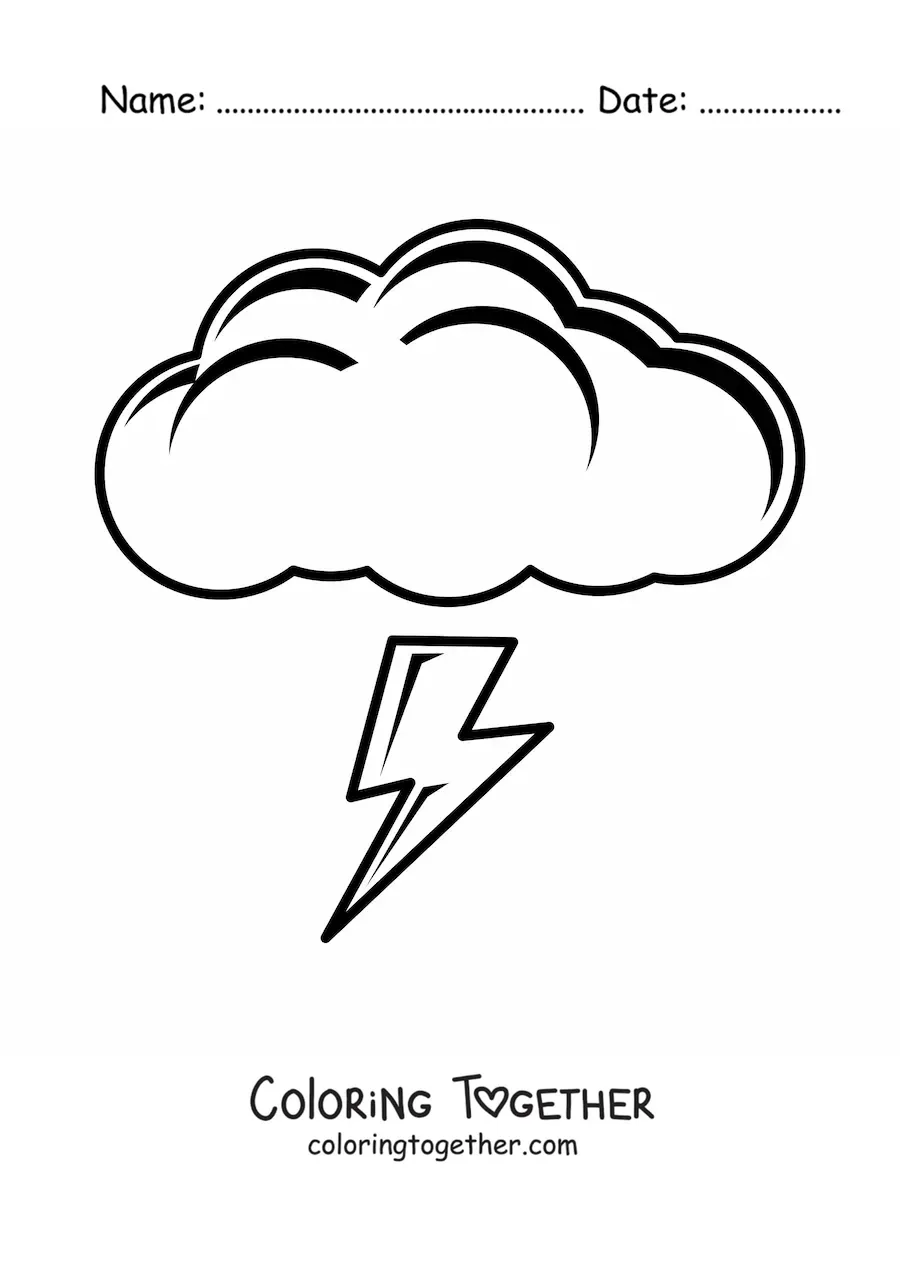 Coloring page of a large cloud with a lightning bolt