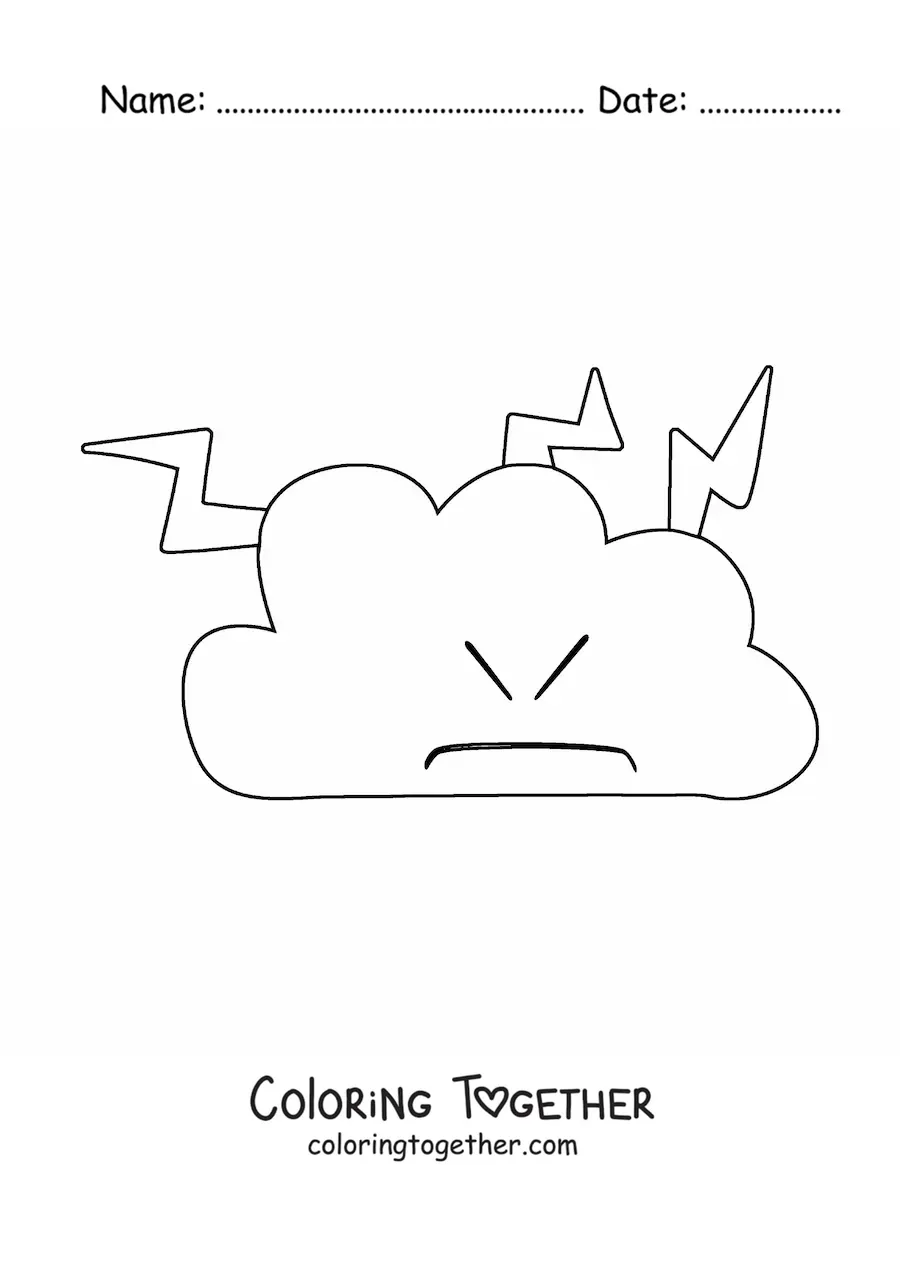 Coloring page of an angry cartoon cloud with lightning bolts shooting out of it