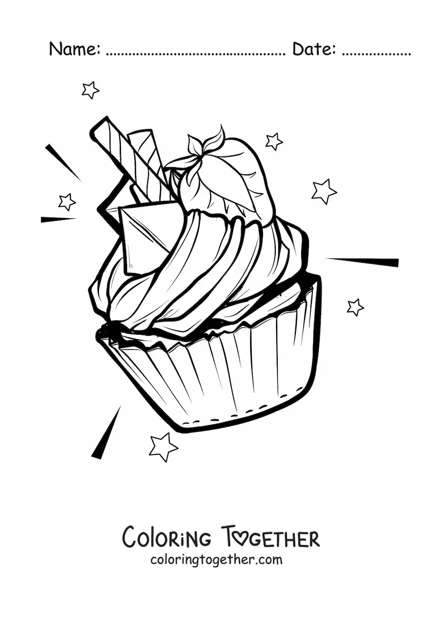 Coloring page of a cupcake decorated with cream and a strawberry
