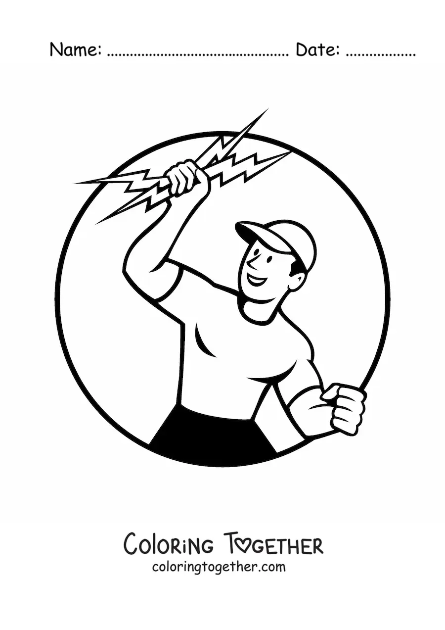 Coloring page of an electrician with 2 lightning bolts in his hand