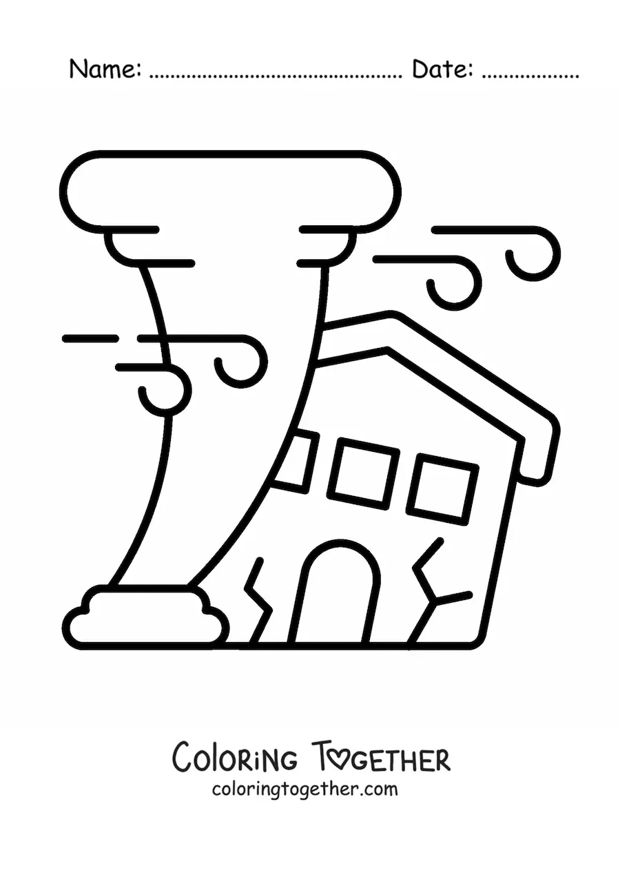 Coloring page of a house being torn apart by a hurricane
